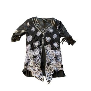 Simply Irresistible Black Floral Embellished Open Front V‎ Neck Top Medium